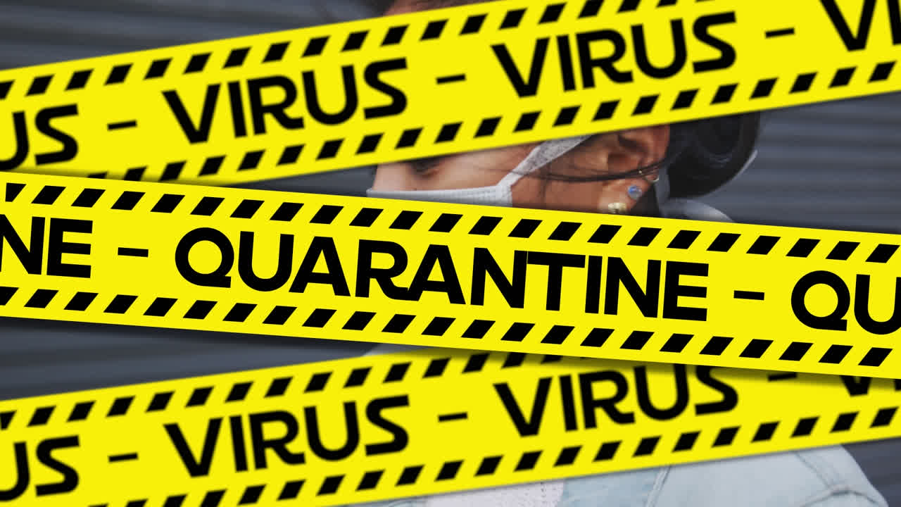 Animation of quarantine and virus text on hazard tape over woman in face mask coughing in street