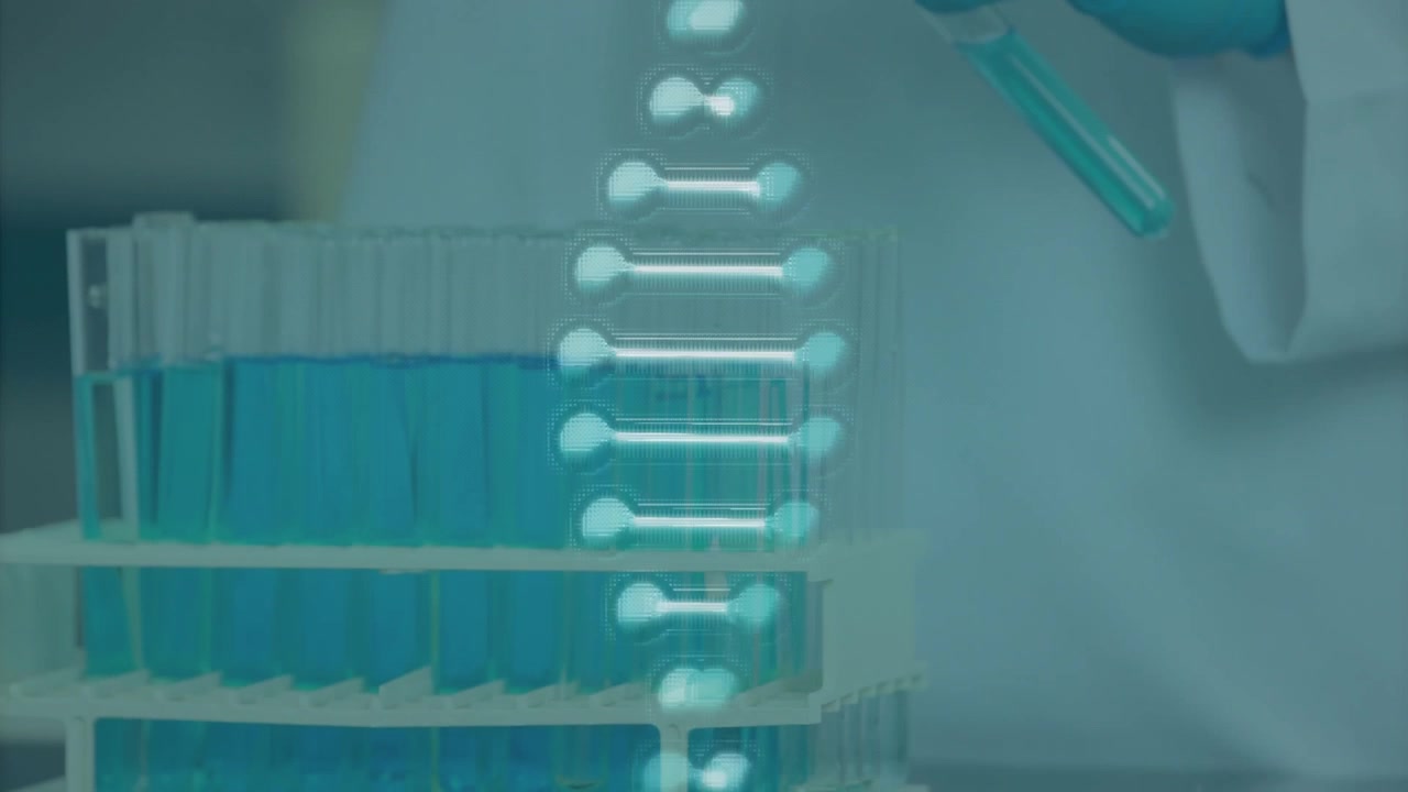 Gloved right hand grasping test tube, tilting and revealing animated DNA helix in biotech lab