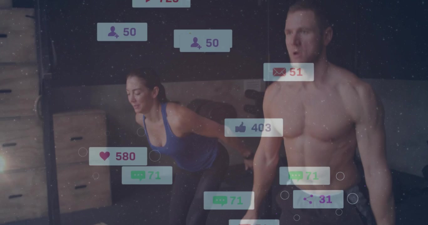 Istruttori di fitness che fanno squat in palestra, con icone a forma di cuore che appaiono e il numero di follower che aumenta ad ogni ripetizione.