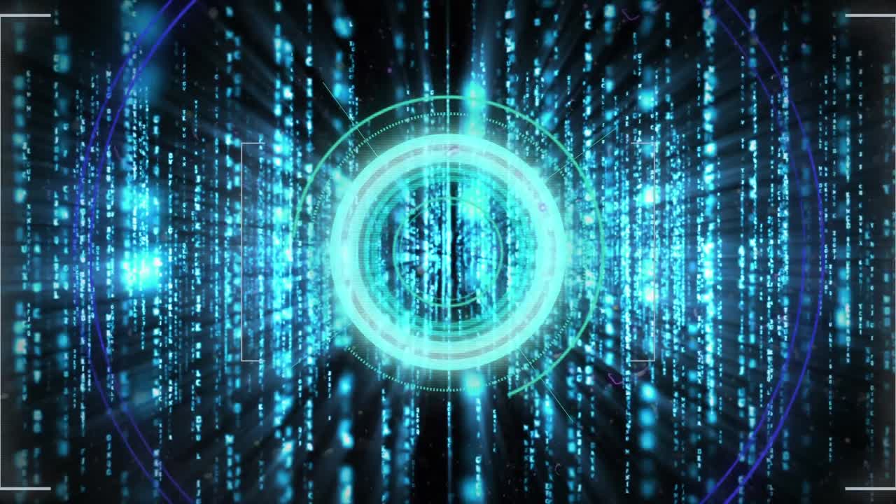 animación digital de un escáner de neón redondo contra rastros de luz azul sobre fondo negro