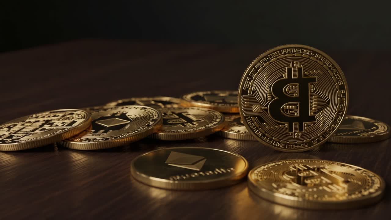Exploring the World of Cryptocurrencies: Close-Up View of Bitcoin and Altcoins Displayed on a Wooden Surface Featuring Their Intricate Designs and Metallic Shine