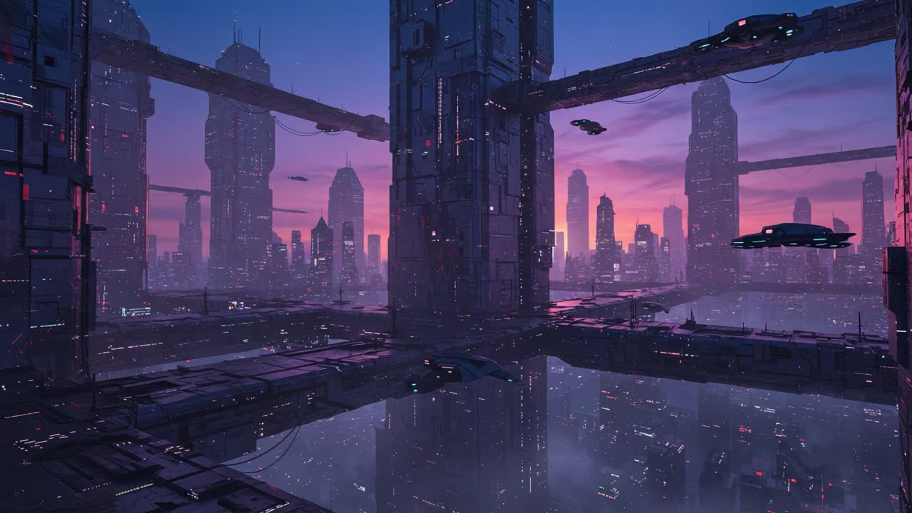 Paesaggio urbano futuristico al tramonto: uno skyline illuminato al neon con veicoli fluttuanti e strutture imponenti su uno sfondo di tramonto vibrante.