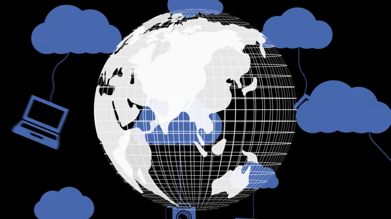 Animation of clouds and icons over globe on black background