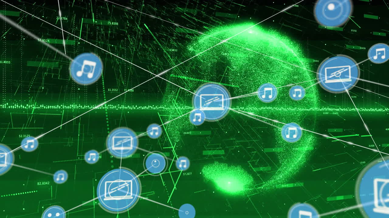 Digital network of music and data icons over glowing green globe animation