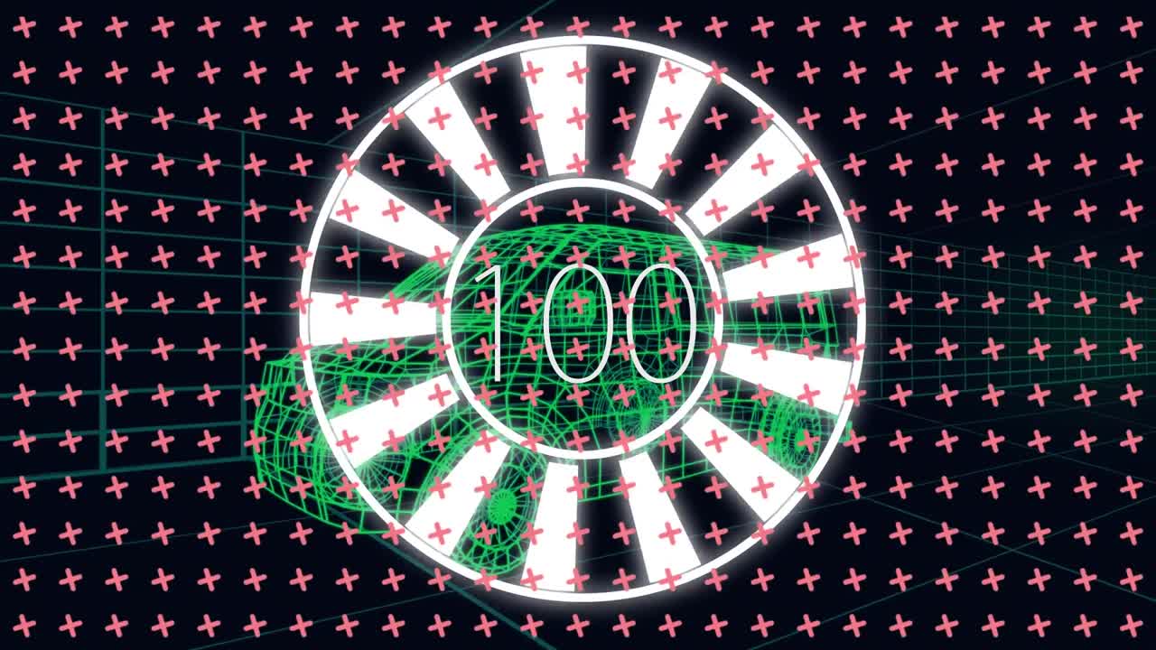 animación de formas y círculos con un número creciente sobre furgoneta digital sobre fondo negro.