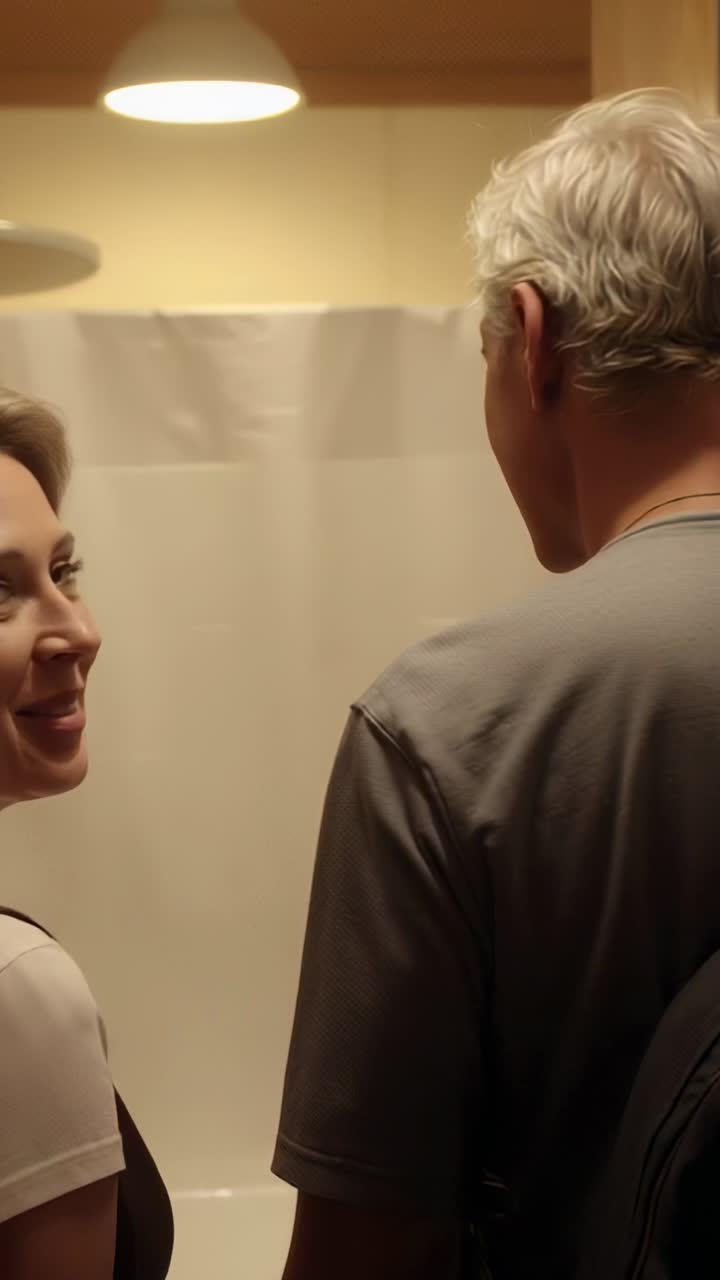 Video verticale: signora anziana sorridente nella vasca da bagno mentre la telecamera segue degli zaini