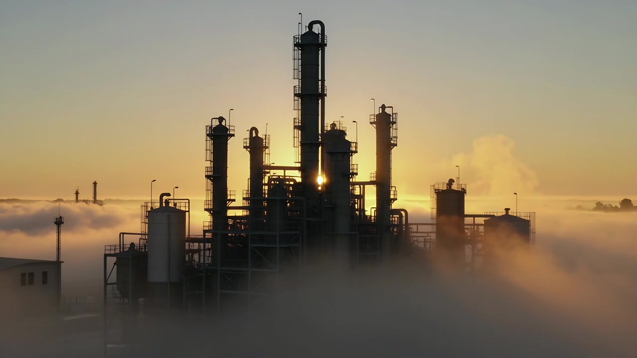 Rising sun piercing fog around industrial towers at sunrise, revealing piping, tanks, vent plume