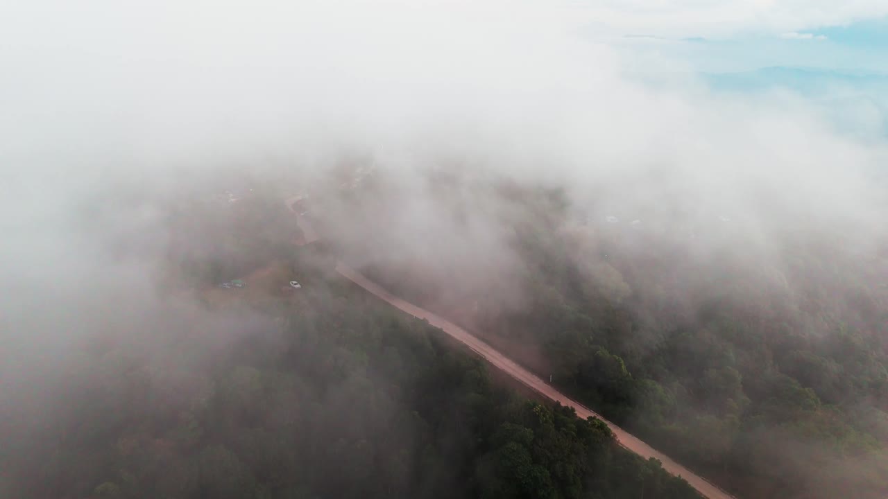 구름 위, 먼지 가득 한 도로, 안개 가 가득 한 열대 숲 풍경 에 있는 거리