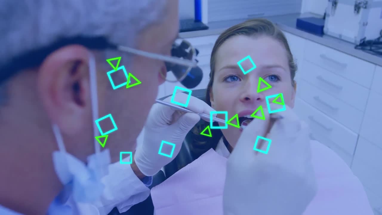 animación de una red de formas sobre un dentista caucásico y una paciente