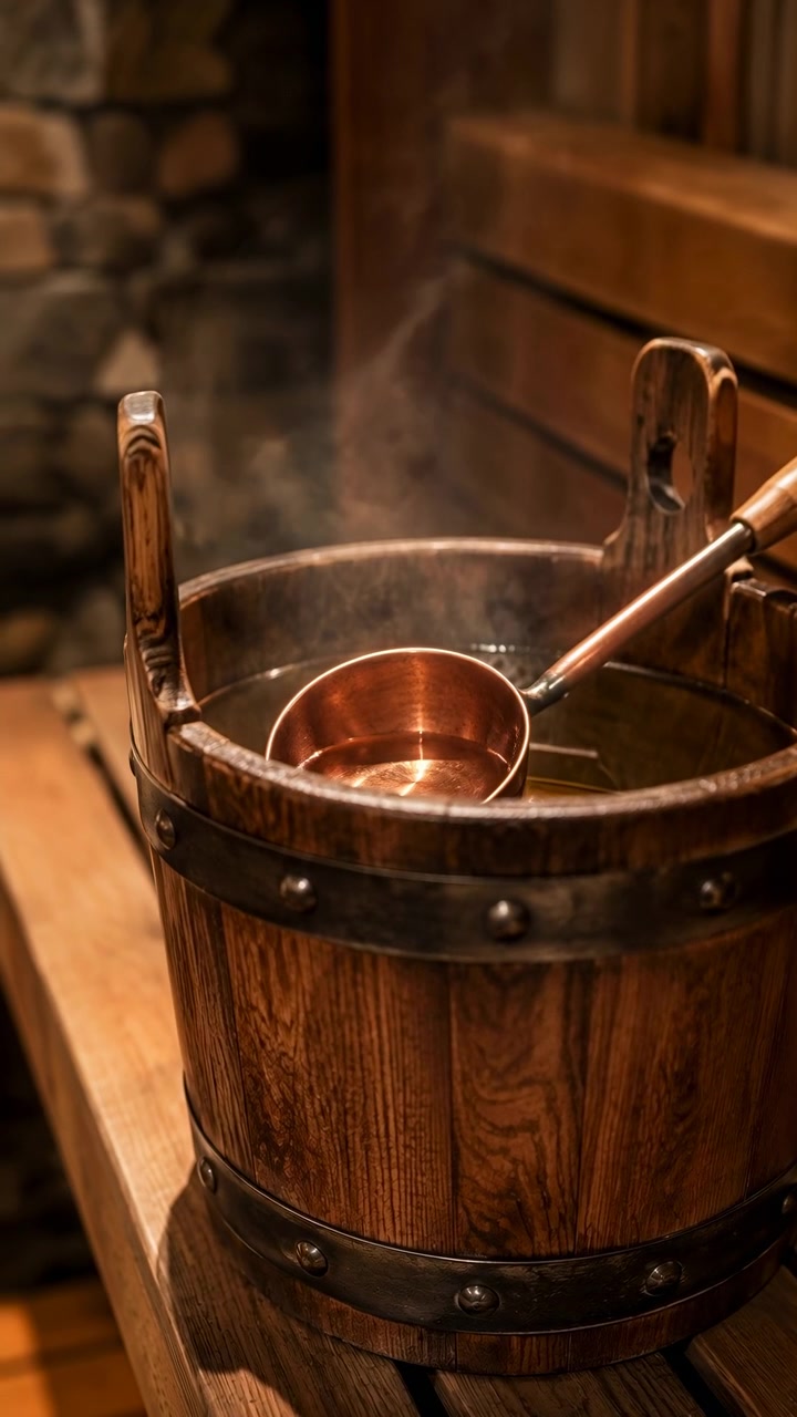 Rustic wooden sauna interior with steaming hot water, polished copper ladle resting on rim, natural grain, soft warm lighting, handcrafted details, calming spa mood, with sauna, wood, copper, ladle