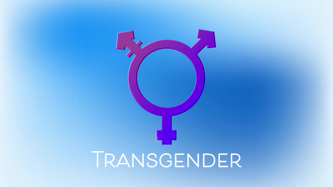 Animation av texten "transgender" och symbolen på blå bakgrund.
