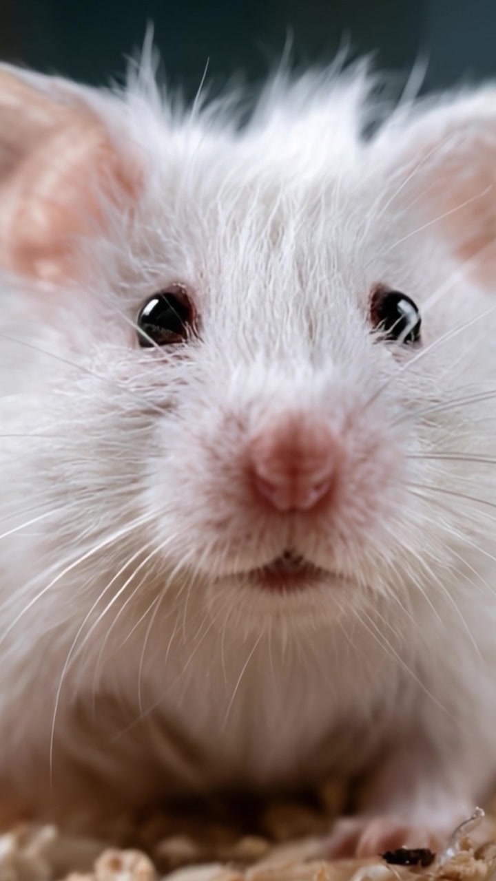 Primo piano di un adorabile topo bianco: dettagli accattivanti di un soffice compagno in un habitat accogliente che ne evidenziano la curiosità e la natura giocosa