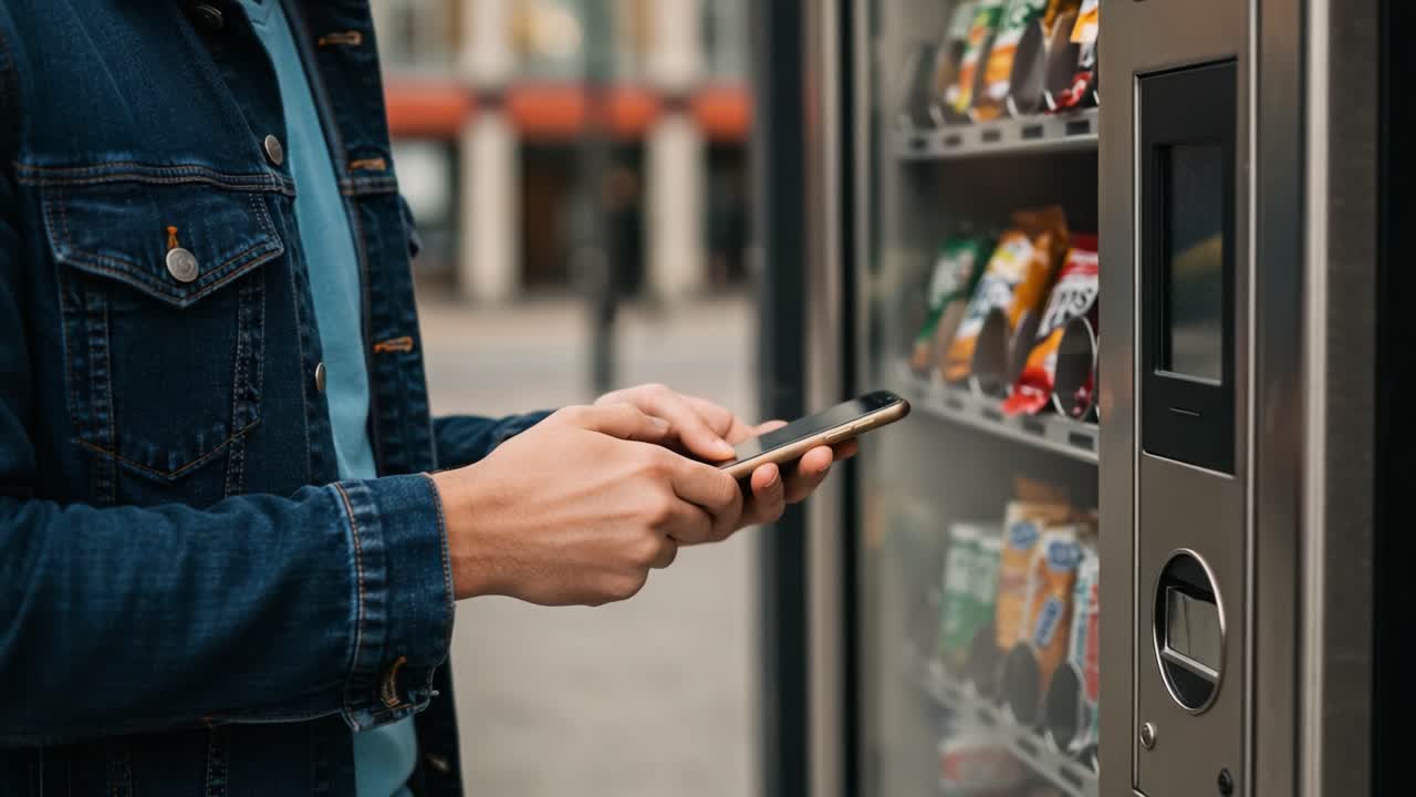 A Young Person Engaged with a Snack Vending Machine, Holding a Smartphone and Preparing to Select a Snack Option in a Modern Urban Setting