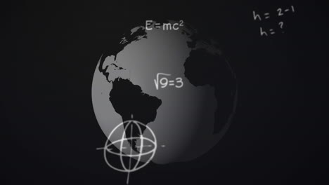 animación de ecuaciones matemáticas y símbolos flotando sobre el globo giratorio