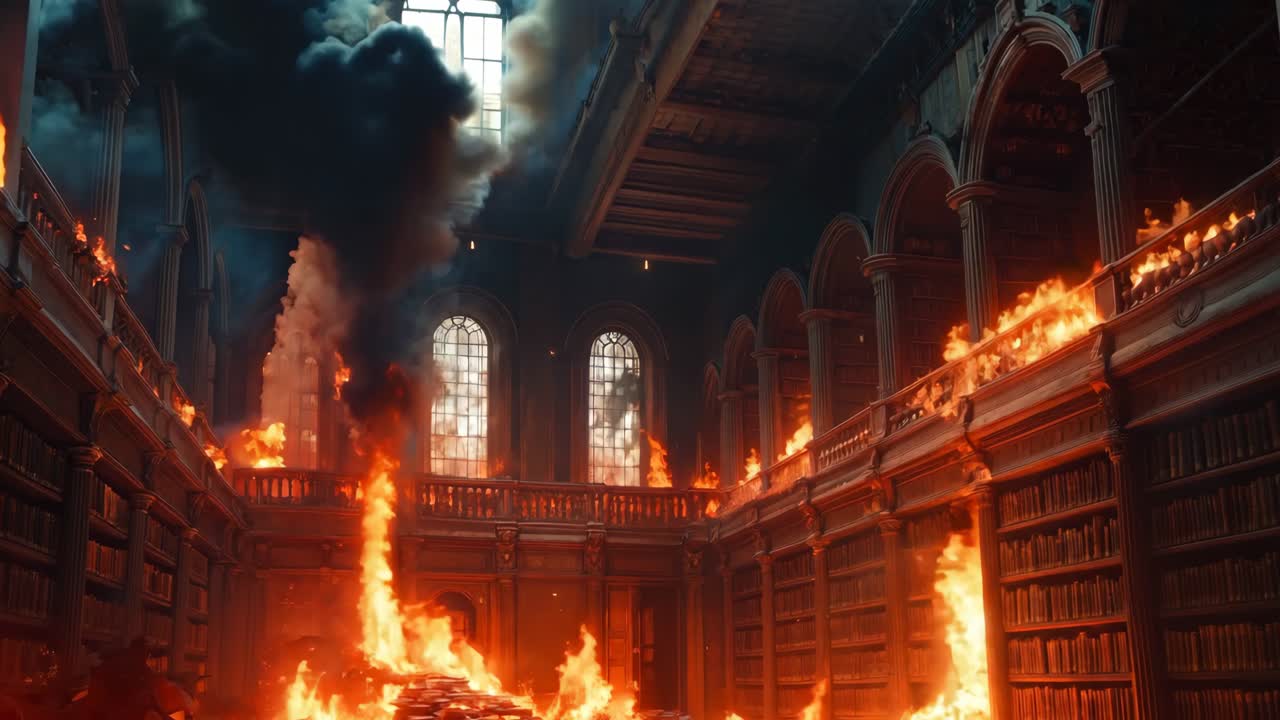 불타는 책들로 가득 찬 큰 방