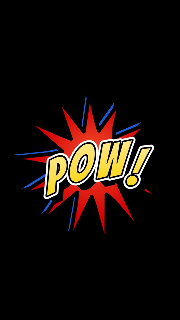 Comic book style pow text on black background, vertical format