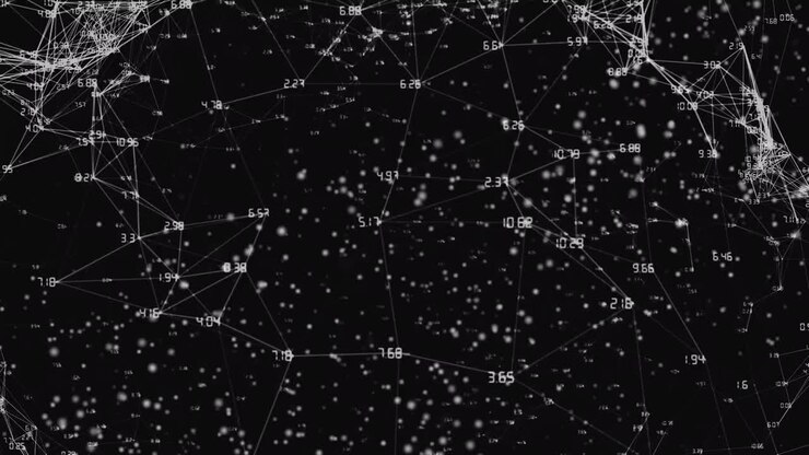 Animation of data processing and handprint on black background
