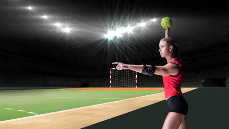 Animación-De-Una-Jugadora-De-Balonmano-Caucásica-Sosteniendo-Una-Pelota-Sobre-Un-Estadio-Deportivo