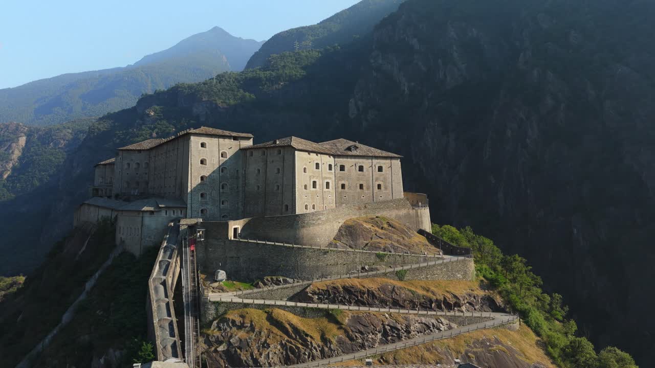 Aerial view of Fort Bard, a historic fortress in the scenic Aosta Valley, Italy
