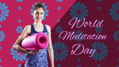 Animation-of-world-meditation-day-text-with-caucasian-woman-with-yoga-mat-on-red-background