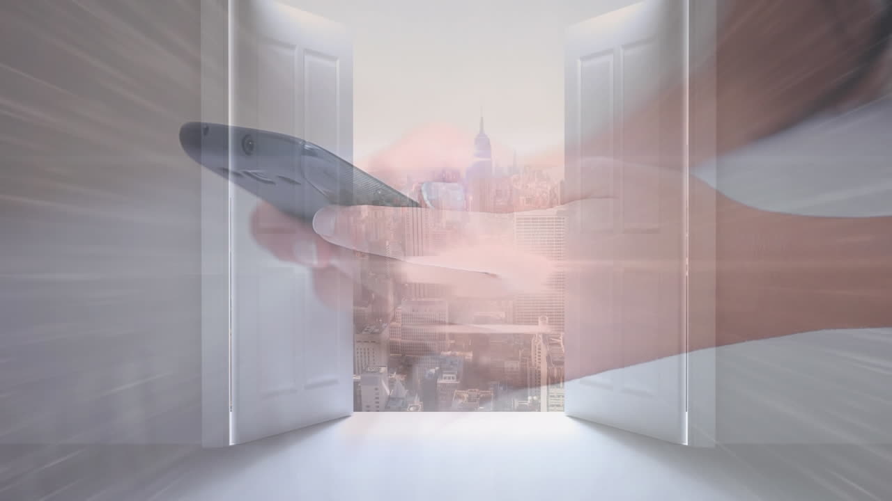 스마트 폰을 사용하는 백인 사업가 여성에 대한 도시 풍경의 애니메이션