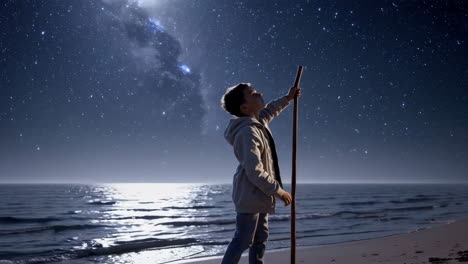 boy gazing at the starry night sky on a beach