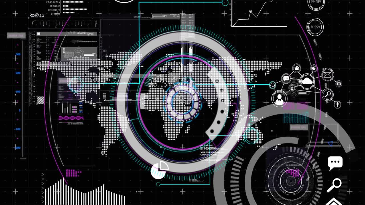 Animation of scopes scanning and data processing over world map on digital screen