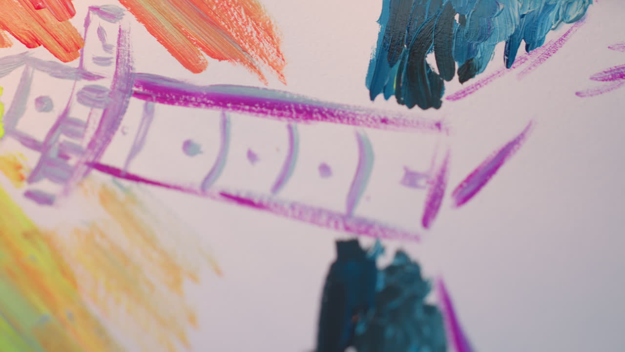 high angle view watercolor painting of tower with vibrant background strokes blending vivid colors and texture on paper sheet capturing artistic motion and detail during outdoor creative session