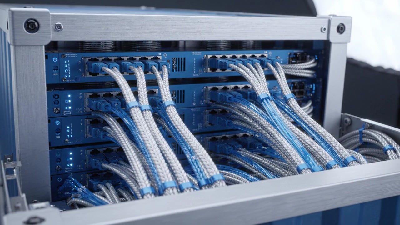 A High-Resolution Capture of Advanced Server Equipment Featuring Intricate Cable Management in a Sleek Metallic Frame with Bright LED Indicators