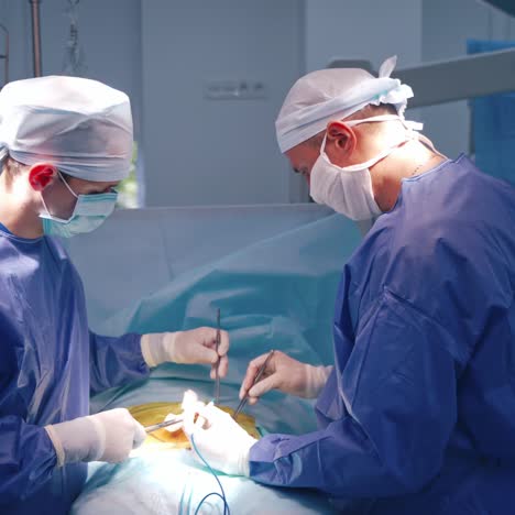 professional surgeons operate the patient. operating procedure in modern clinic. group of medical workers in uniform during spinal surgery.