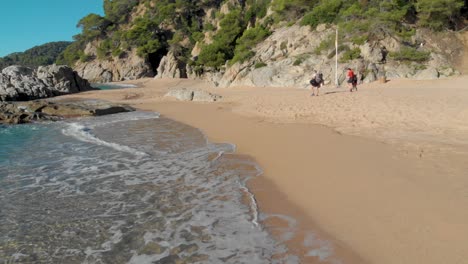 Costa-Brava-beach,-aerial-drone,-paradise,-turquoise-green---Lloret-de-Mar-Mediterranean---Spain