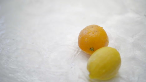 slomo of citrus falling into water on white backdrop