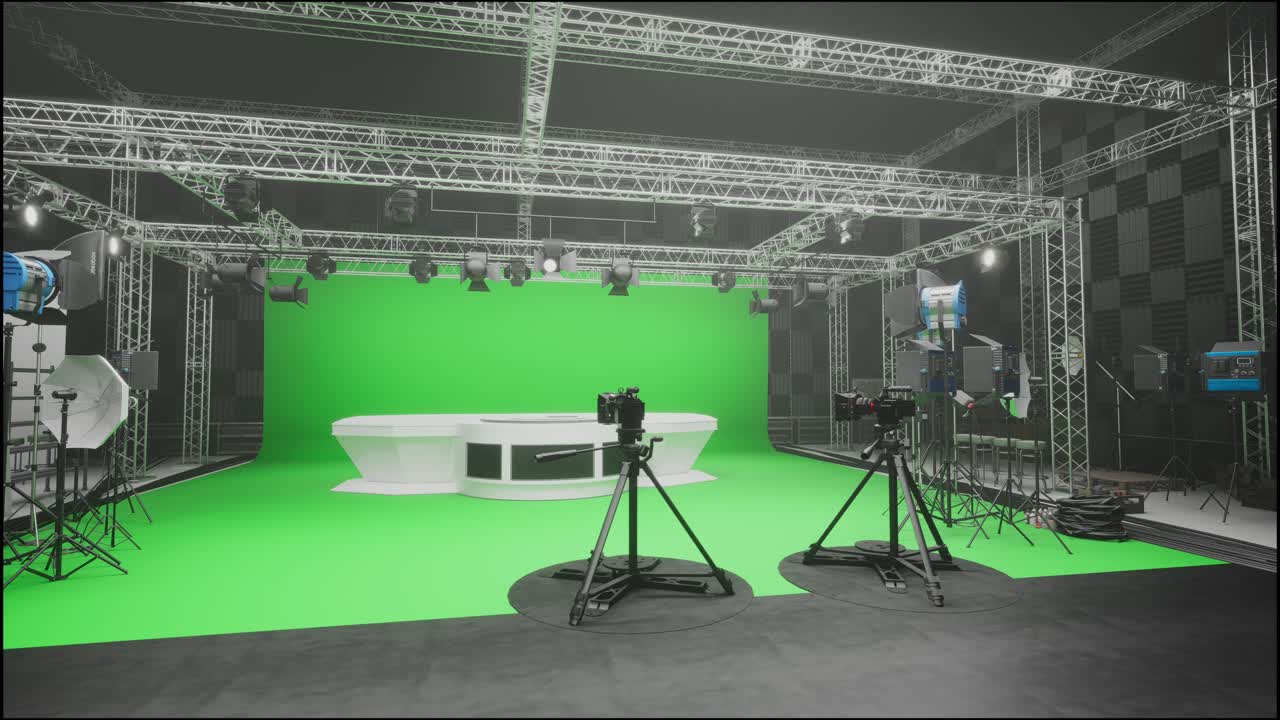 Broadcast With Green Screen. Virtual Studio With Green Screen
