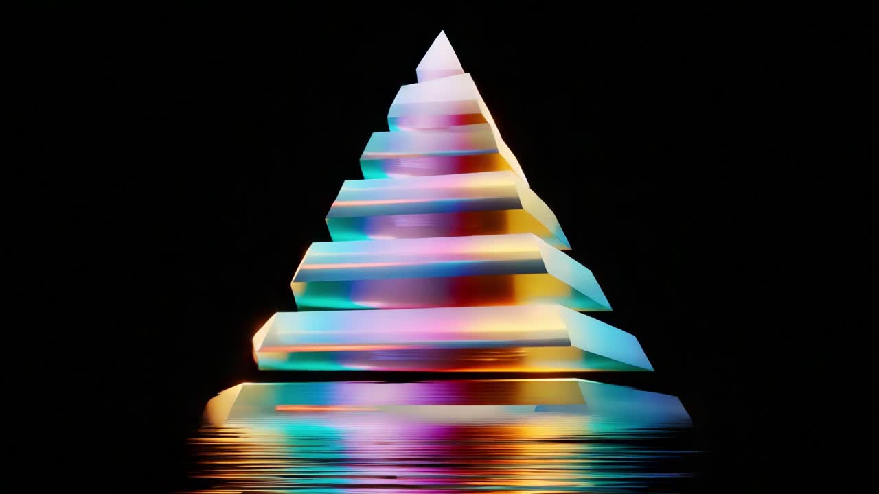 A mesmerizing and vivid display of a stylized pyramid illuminated with vibrant colors, reflective layers against a dark background, creating an enchanting atmosphere and captivating visuals of geometric harmony
