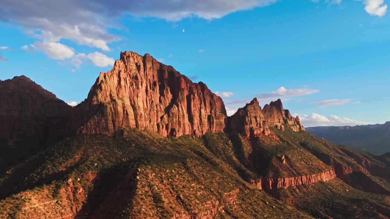 Drone shot of rock formations in Zion National Park during sunset