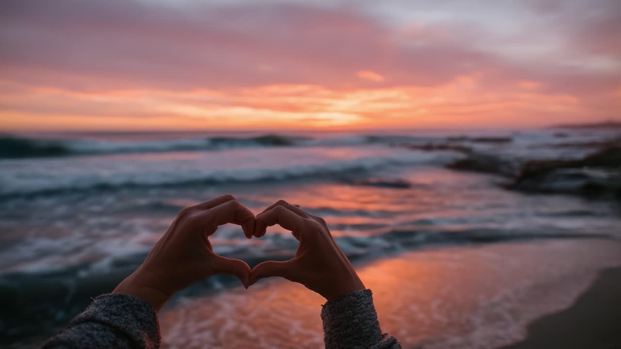 Creating a Heart Shape with Hands During a Beautiful Sunset by the Ocean, Symbolizing Love and Connection Amidst Nature's Serenity and Beauty