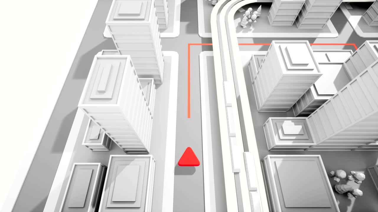 도시 지도의 낮은 폴리 gps 지도의 상단 뷰. 길을 따라 앞으로 달리는 빨간 화살표.