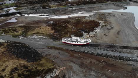 a fishing ship on mountain lakeshore