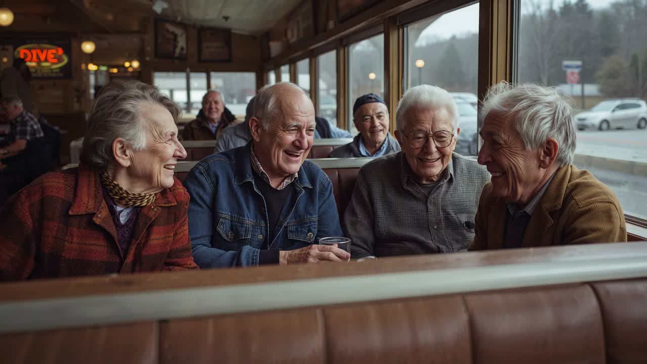 Camera tightening seniors with scarf catching up laughing raising glass in diner booth cup visible