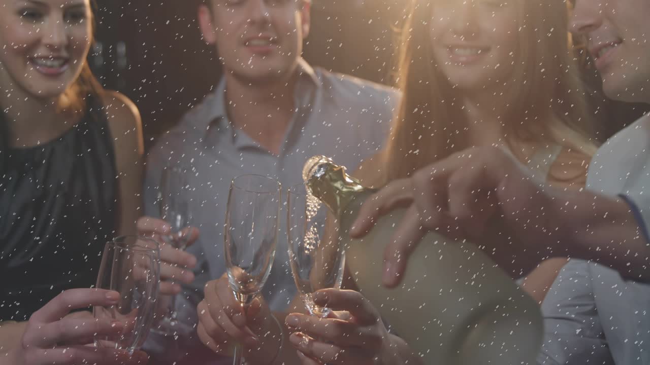 Friends removing bottle foil, popping cork, champagne spraying, flutes filling for events promotion
