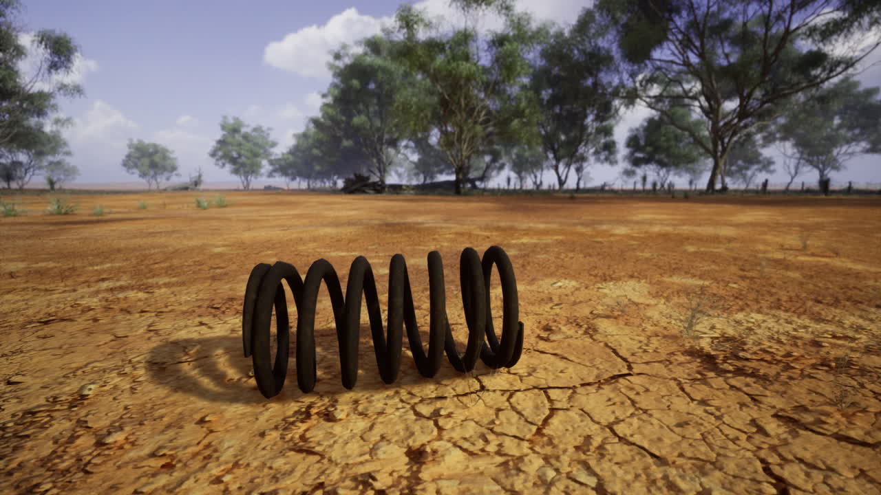 Worm like object lies on dry ground in arid landscape with sparse vegetation