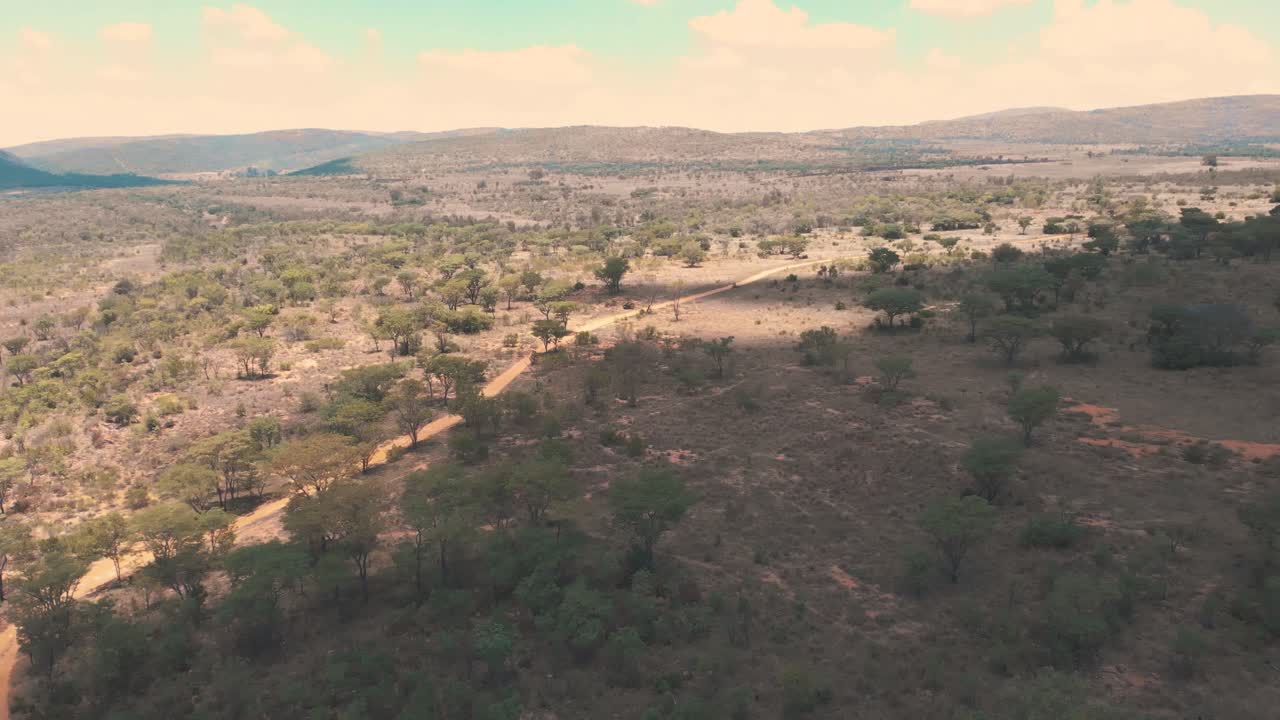 Ombra che si estende su un paesaggio di savana boschiva africana con strada sterrata