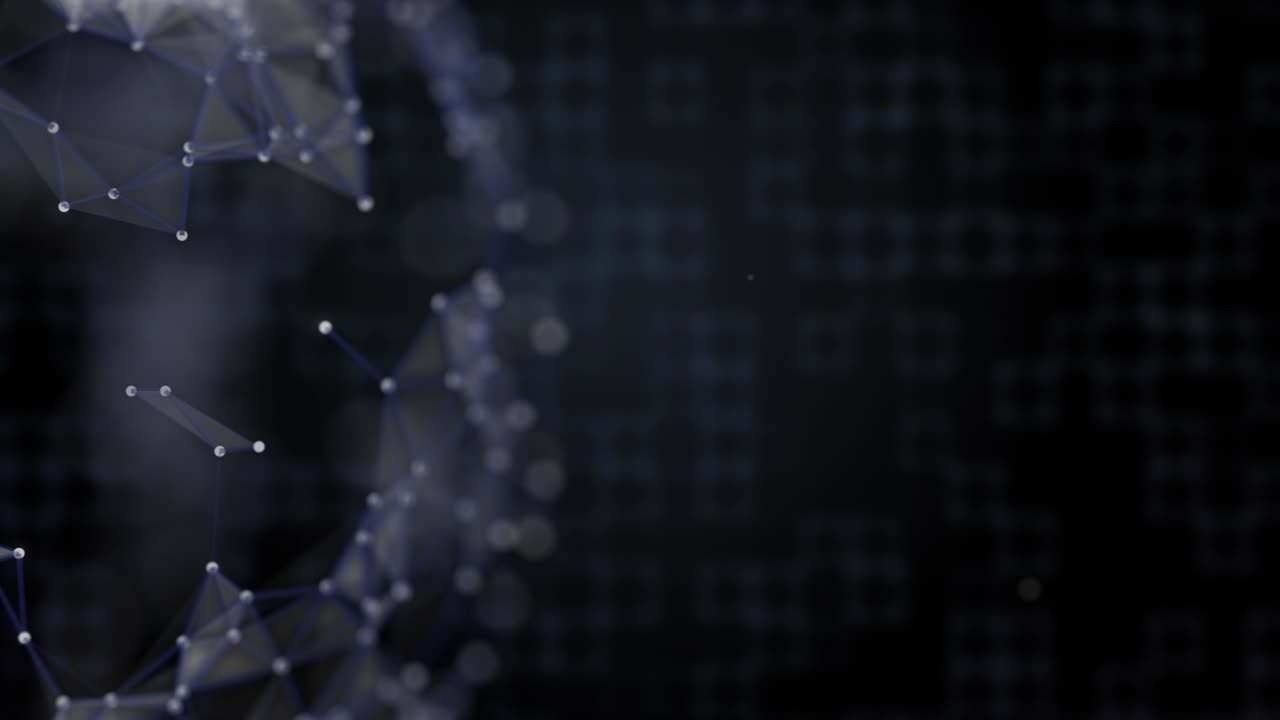 imagen geométrica con fondo en conexión de cuadrados y globo abstracto cubierto con red de plexo, girando, acercándose.