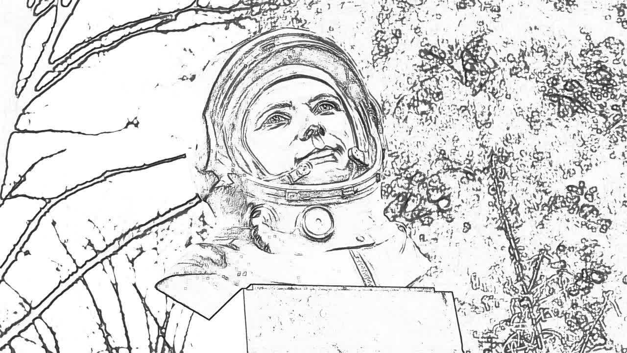 Socha astronauta v parku, černobílá kreslená grafika