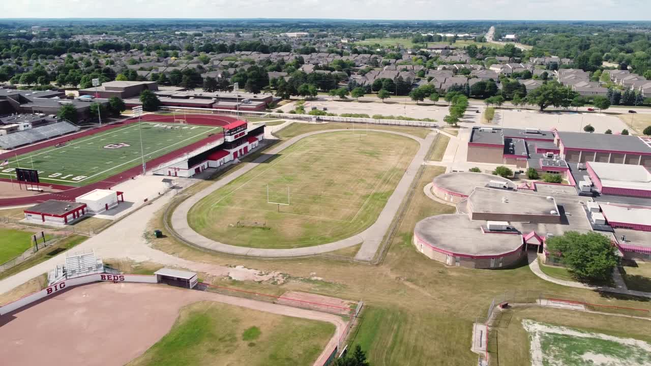 Panning over a High School in the suburbs of Detroit, Michigan.