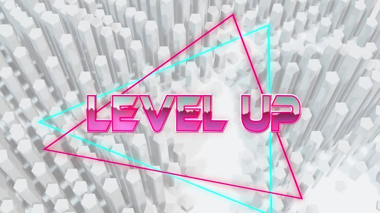 Animation of level up text over white 3d geometrical moving shapes