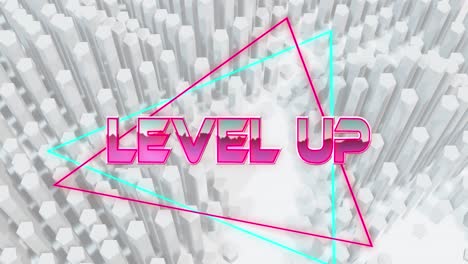 Animation-Von-Level-Up-Text-über-Weißen,-Geometrischen,-Sich-Bewegenden-3D-Formen