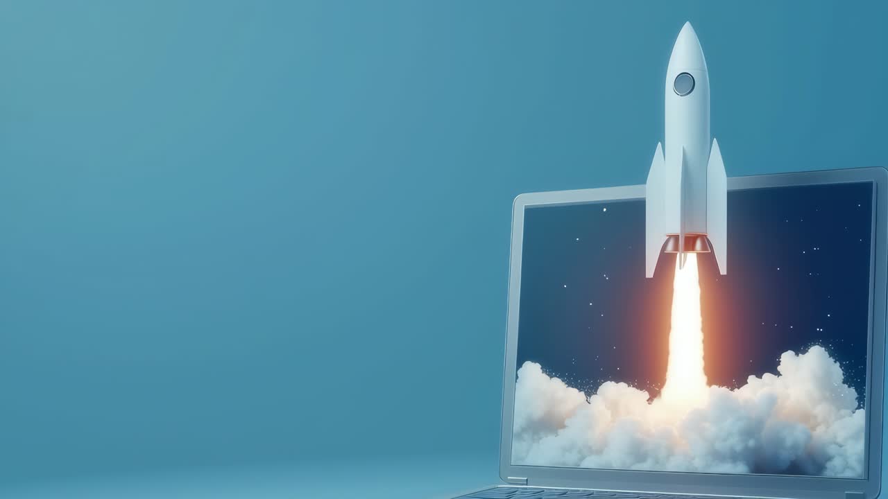 A dynamic video concept showing a rocket launching from a laptop screen