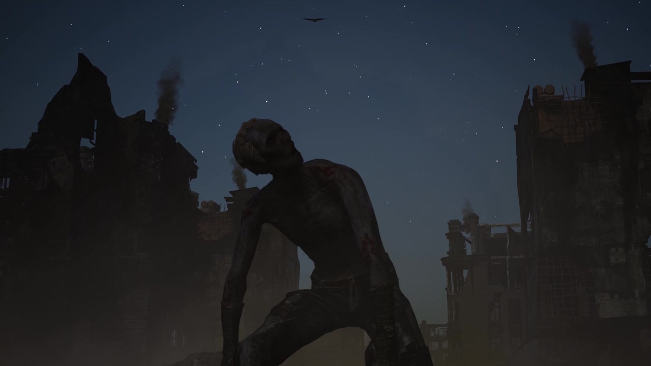En dystopisk, ødelagt by om natten, med vrakrester, skadede biler, røyk og brann, og zombier som står uvirksomme og puster. 3D-animasjon, animert scene, kamera zoomer ut