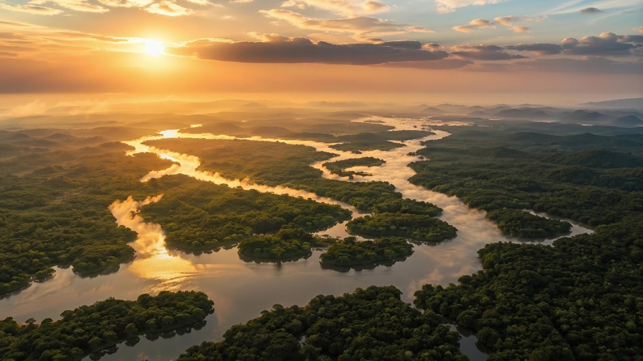 High angle view of a winding river flowing through a lush tropical rainforest at sunset